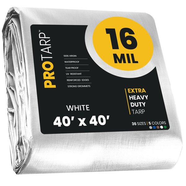 Protarp 40 ft x 40 ft Heavy Duty 16 Mil Tarp, White, Polyethylene, Waterproof, Rip and Tear Proof PT-104-40X40